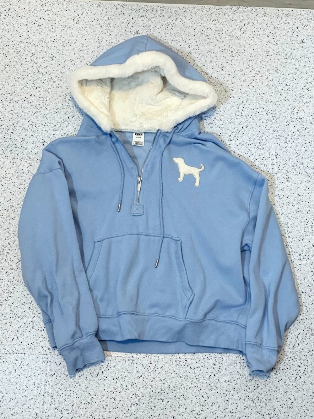 Victoria's Secret PINK Ivy Fleece Half-zip HOODIE Sweatshirt Faux Fur Icy Blue M